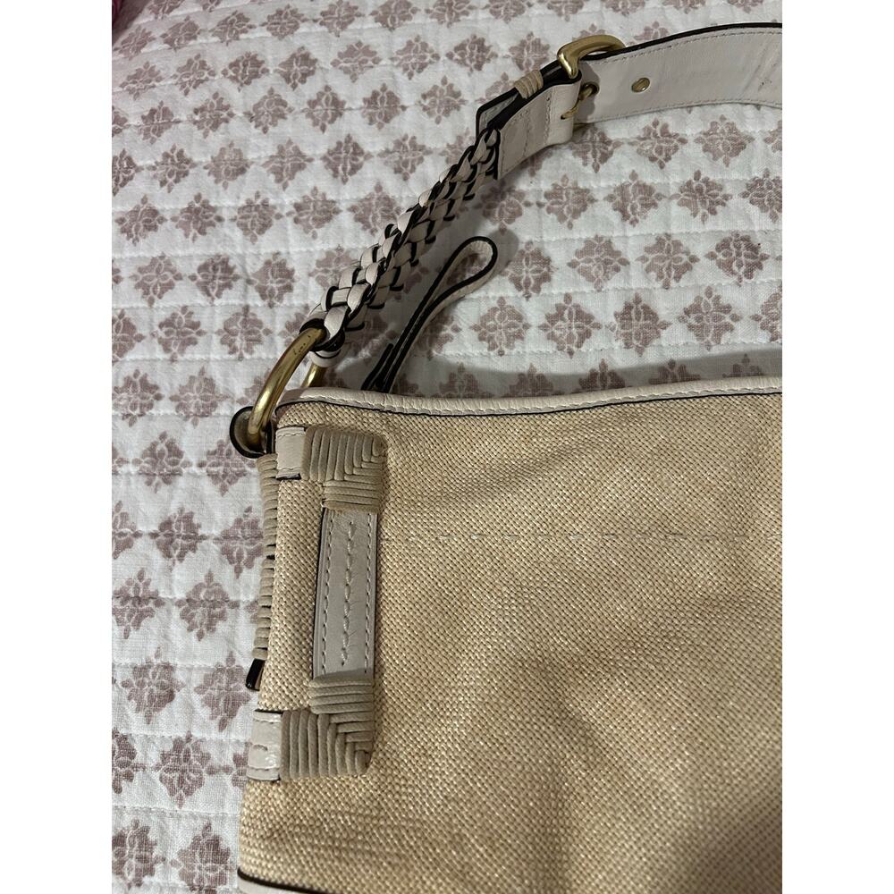 Coach VTG Tan Natural Braided Leather Soho Canvas Beige GUC Buckles Gold Purse - Picture 4 of 15